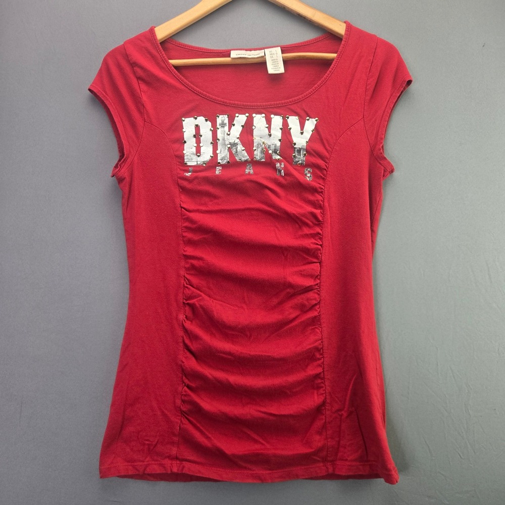 DKNY Jeans Top Womens L Red Studded Graphic Logo Ruched Cap Sleeve Y2K Shirt